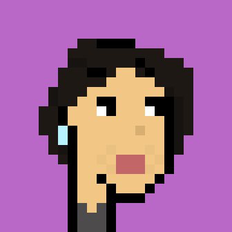 A pixel art illustration of a person's face with dark curly hair, wide eyes, an open mouth, and a tear on their cheek against a purple background.