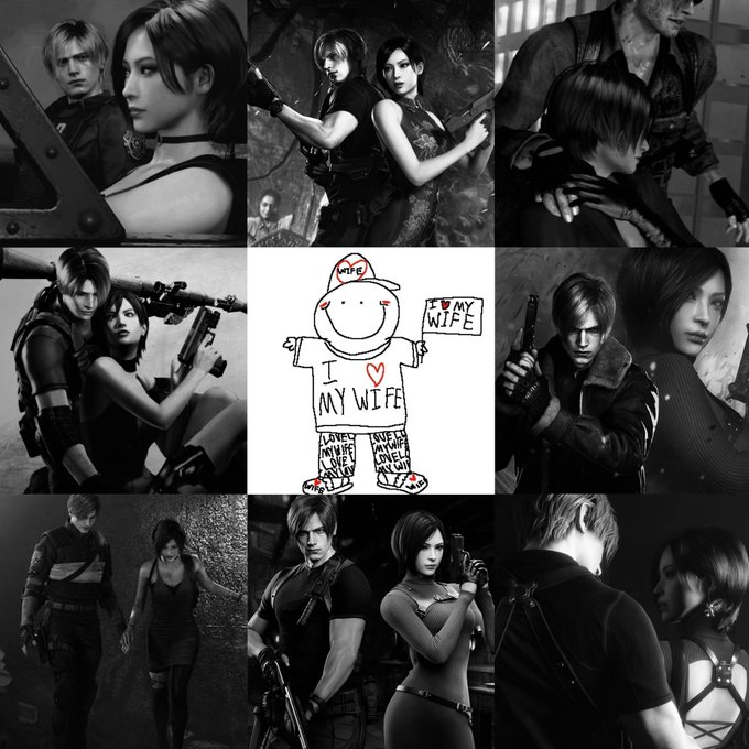 A 3x3 collage of black-and-white images showing video game characters (Leon and Ada from Resident Evil), with the center panel being a hand-drawn 'I ❤️ MY WIFE' doodle.