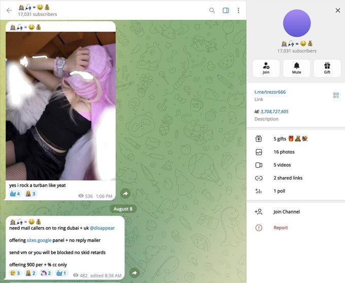 This image shows a Telegram channel with 17,031 subscribers operated by "L.me/trezor666," which impersonates Trezor wallet support to conduct crypto scams. The posted message advertises a "ring dubai" for sale, demonstrating how scammers use such channels to launder stolen funds from their impersonation schemes.