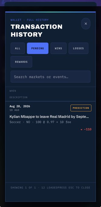 A mobile app screen displays a transaction history with a pending prediction on 'Kylian Mbappe to leave Real Madrid by Septe...' (Soccer) showing odds of 0.97 and a return of -110.