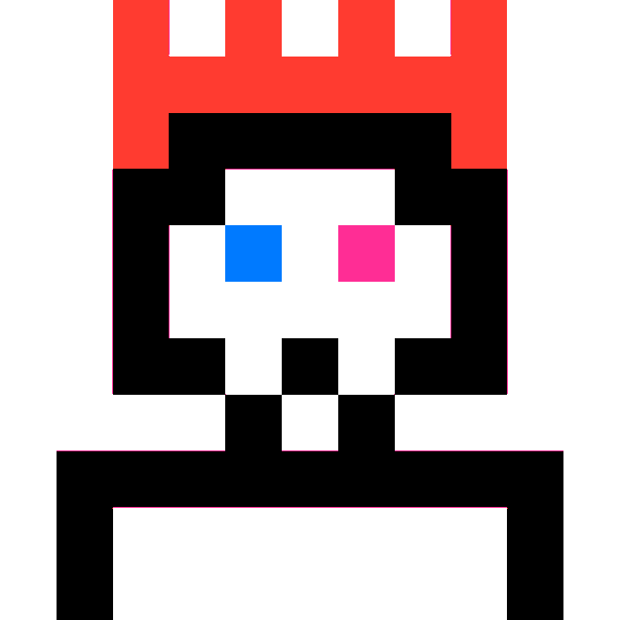 A pixel art illustration of a character with a red crown, white face, one blue and one pink eye, and a small smiling mouth.