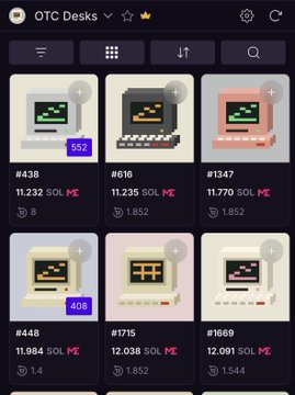 The image shows a marketplace called "OTC Desks" displaying six pixel-art computer items listed for sale, with prices ranging from 11.232 to 12.091 SOL, including items #438 (552 supply), #616, #1347, #448 (408 supply), #1715, and #1869. This relates to the post about someone sweeping 70 desks at 11-12 SOL each, with the caption celebrating the bulk purchase and hinting at price targets of 100 and 1000 SOL.