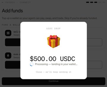 A screenshot of the Paybox wallet interface showing a USDC drop of $500.00 processing to a wallet, illustrating MoonPay's new self-custodial AI shopping wallet that received a $500 funding.