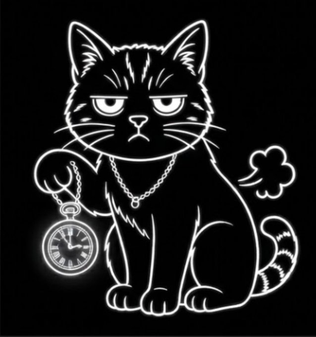 A white line drawing on a black background depicts a grumpy-looking cat wearing a chain necklace and holding a pocket watch.