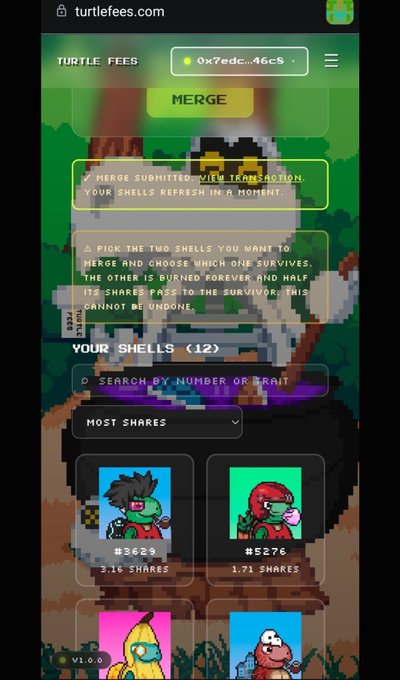 A mobile web screenshot of turtlefees.com showing a 'MERGE' page for turtle shell NFTs, displaying text like 'YOUR SHELLS (12)' and character shells '#3629' and '#5276'.