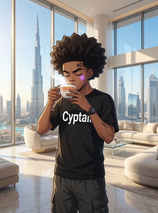 A digital illustration of a young man with an afro and a 'KG' face tattoo wearing a 'Cyptar' t-shirt, drinking from a white mug inside a luxurious modern apartment with floor-to-ceiling windows overlooking Dubai's skyline including the Burj Khalifa.