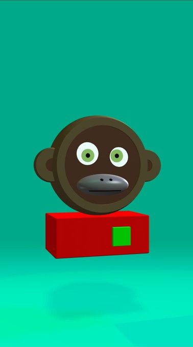A 3D rendering of a brown cartoonish monkey head resting on a red rectangular block with a small green square on it, set against a solid teal background.