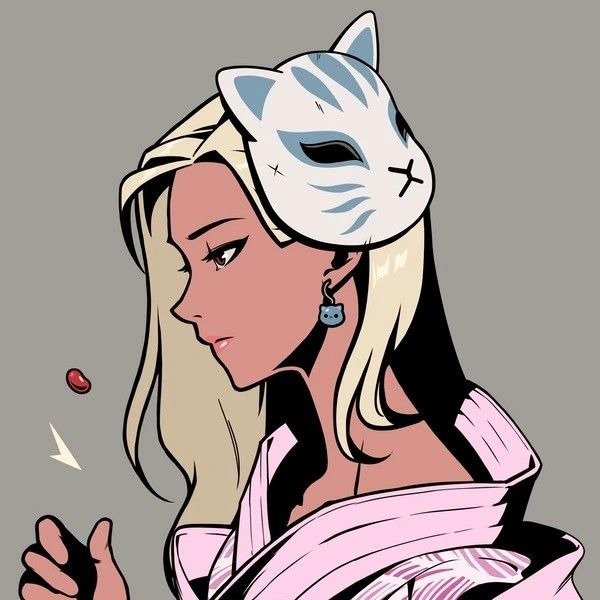 A stylized anime-style illustration of a blonde woman wearing a white cat-themed half-mask with blue stripes and a cat-face design on the forehead.