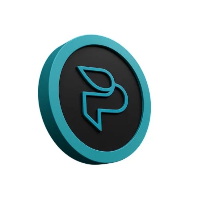 A 3D-rendered circular logo with a teal border and dark center, featuring a stylized teal letter 'P' design.