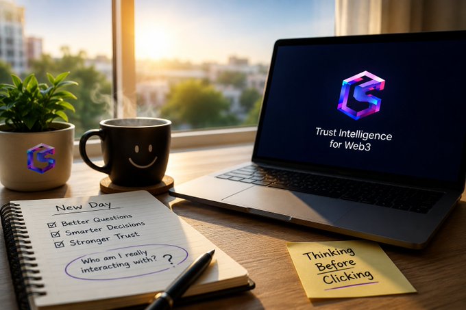 A workspace with a laptop displaying 'Trust Intelligence for Web3' alongside a notebook listing 'New Day: Better Questions, Smarter Decisions, Stronger Trust' and 'Who am I really interacting with?', a smiley mug, and a 'Thinking Before Clicking' sticky note.