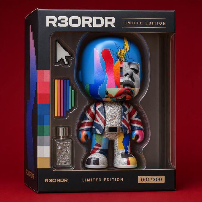 A limited edition 'R3ORDR' designer toy (001/300) in collectible packaging, featuring a colorful, pixelated, pop-art style figure alongside accessories like a pixel cursor keychain and colored pencils.