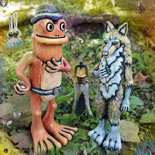 The image features two ceramic sculptures of a frog and a wolf, both wearing hats. The frog sculpture has an orange body with white spots, while the wolf sculpture has a brown body with white spots as well. They are standing next to each other in front of a tree stump, which is surrounded by green plants. In the background, there are butterflies flying around, adding to the whimsical atmosphere of the scene. The image also includes text that reads "If you want to see love's sign, You can find it rain or shine."