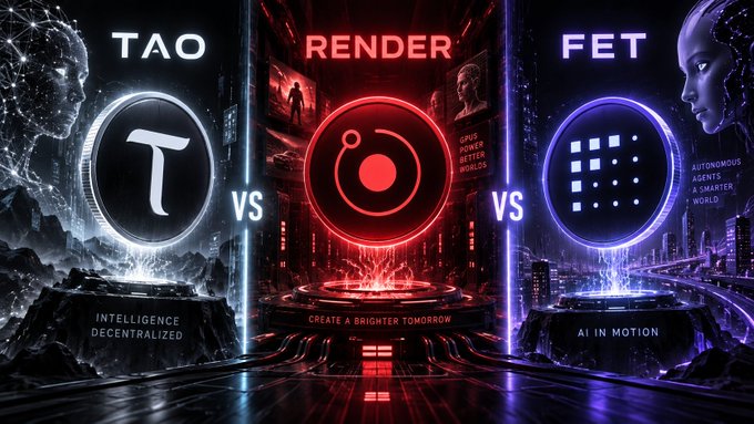 A futuristic comparison graphic featuring three cryptocurrency tokens—TAO, RENDER, and FET—displayed in glowing circular emblems with AI-themed taglines like 'Intelligence Decentralized' and 'AI in Motion.'