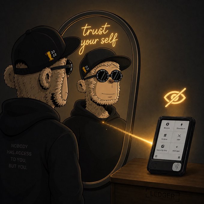 The image features a cartoon depiction of a man wearing sunglasses and a black hoodie with the words "Trust Your Self" written on his back. The man is standing next to a mirror, which reflects him along with an object that appears to be a book or tablet. The reflection in the mirror also includes a neon sign that says "nobody cares". This image seems to convey a message about self-confidence and self-acceptance, as it encourages the viewer to trust themselves despite what others may think or say.