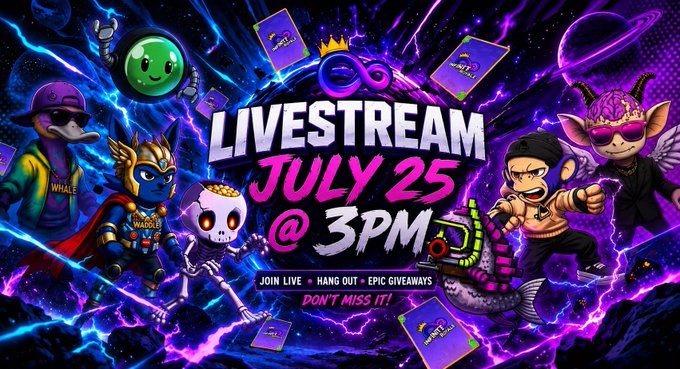 A promotional graphic for a 'Livestream July 25 @ 3PM' featuring various cartoon NFT-style characters against a vibrant purple and blue background with the text 'JOIN LIVE, HANG OUT, EPIC GIVEAWAYS, DON'T MISS IT!'.