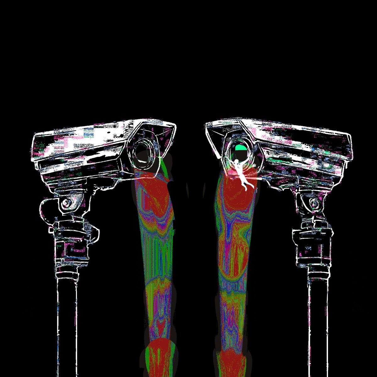 The image features two surveillance cameras, each mounted on a pole, with their lenses pointed towards the same direction. The cameras are positioned side by side against a black background, creating an interesting visual effect due to the contrast between the white cameras and the dark surroundings. The image also includes text that reads "Fountain Open Edition on Objkt available for 24 hrs only." This suggests that the image is related to a product or service offering, possibly related to surveillance technology or security systems.