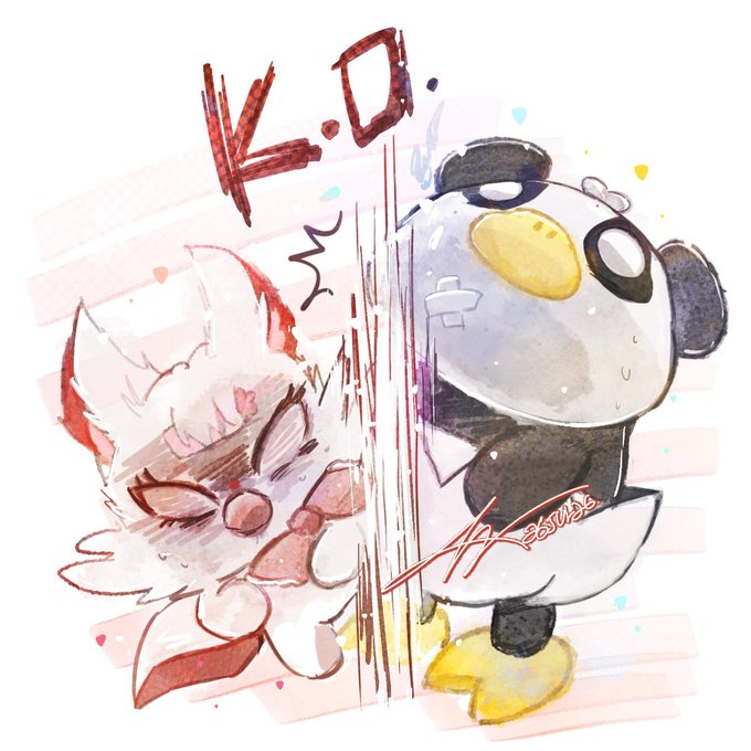 A watercolor-style illustration depicts a "K.O." battle scene between two chibi characters: a white fox-like creature on the left appearing injured with bandages, and a panda-like character on the right looking triumphant, with the text "K.O." above and "HK ASYLUM" signed at the bottom, representing the playful "LUNAR vs JEWEL" rivalry mentioned in the caption.
