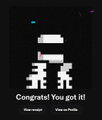 A pixelated white character on a black background with the text 'Congrats! You got it!' along with 'View receipt' and 'View on Profile' buttons.