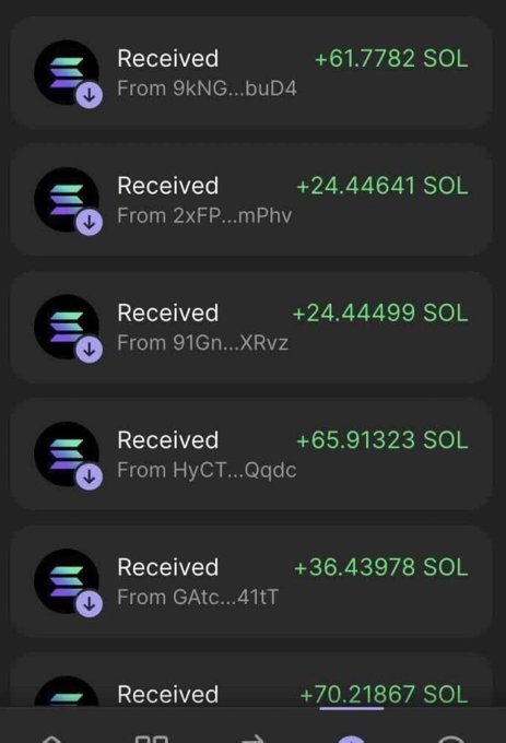 A cryptocurrency wallet transaction history showing multiple SOL (Solana) deposits received from various addresses, including +61.7782 SOL, +24.44641 SOL, +24.44499 SOL, +65.91323 SOL, +36.43978 SOL, and +70.21867 SOL.