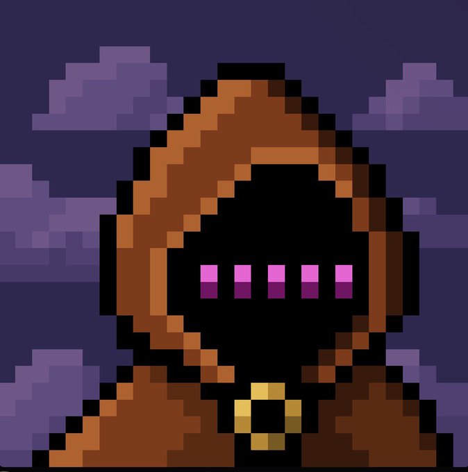 A pixel art illustration of a hooded figure with a black face showing pink and purple horizontal bars, wearing a gold ring pendant against a purple pixelated sky.
