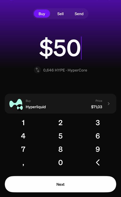 A cryptocurrency trading app screen shows a $50 buy order interface for Hyperliquid (HYPE), priced at $71.03, with options to Buy, Sell, and Send.