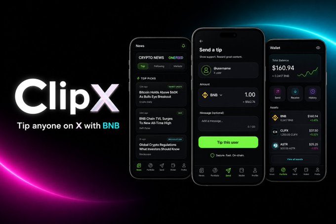 A promotional image for 'ClipX' with the tagline 'Tip anyone on X with BNB', showing three smartphone screens displaying crypto news, a tipping interface, and a wallet with a balance of $160.94.