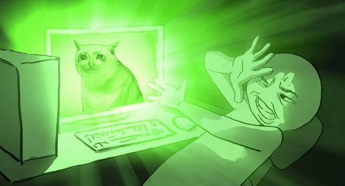 The image depicts a green-tinted scene of a person recoiling in shock at their computer, which displays a cat staring back from the screen—a dramatic visualization of the post's hype around the $CASHCAT token and its rising price. The meme illustrates the "to the moon" enthusiasm, with the intense green glow and panicked reaction capturing the excitement of cashing in on a viral crypto pump.