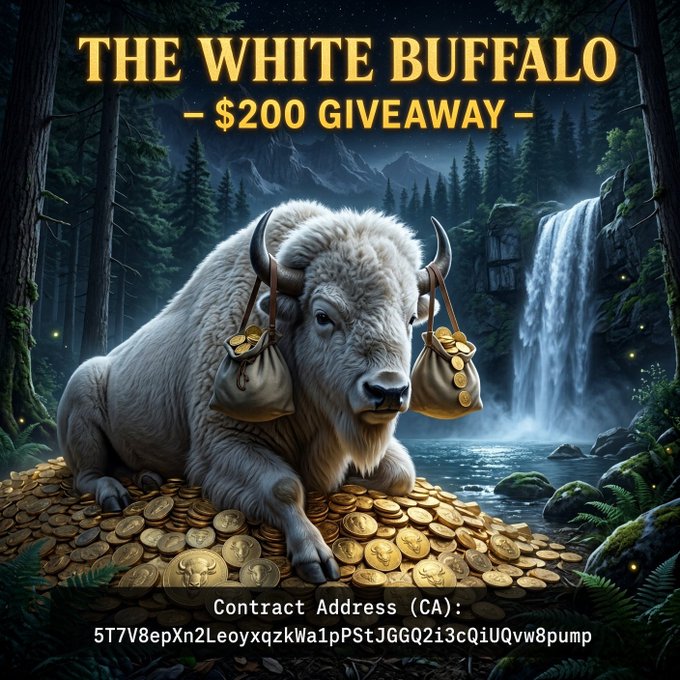 An image showing a white buffalo lying on a pile of gold coins with the text 'THE WHITE BUFFALO - $200 GIVEAWAY -' and a contract address '5T7V8epXn2LeoyxqzkWa1pPStJGGQ2i3cQiUQvw8pump' displayed.