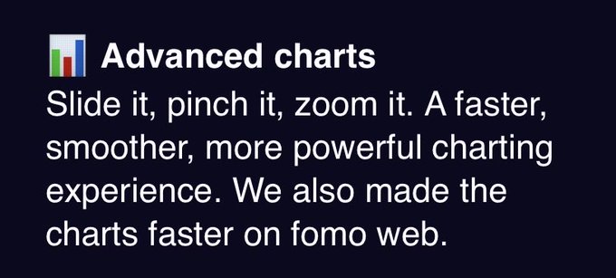 A dark promotional graphic featuring a bar chart icon reads 'Advanced charts' with text describing slide, pinch, and zoom functionality, noting faster performance on 'fomo web'.