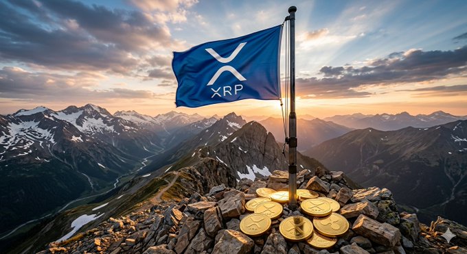 A blue flag bearing the XRP logo waves atop a rocky mountain peak at sunset, surrounded by golden XRP coins scattered on the summit, symbolizing the cryptocurrency's peak performance amid the recent market rally driven by speculation and U.S. presidential support for crypto.
