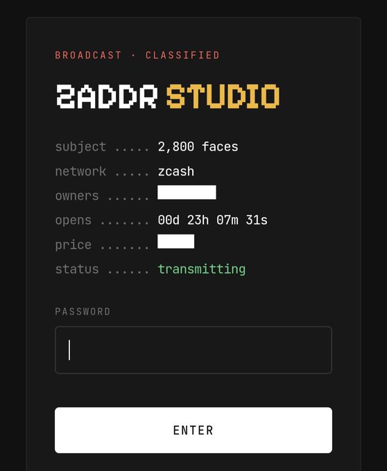 A "Zaddr Studio" broadcast page (marked classified) displays a Zcash-network listing for "2,800 faces" with a countdown of 00d 23h 07m 31s and a "transmitting" status, awaiting a password. The interface supports the announcement that the studio is nearly public, with less than a day remaining before full launch.