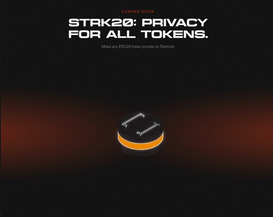 The image features a black background with an orange circle in the center, which has the word "Stark" written above it. Below the circle, there's text that reads "Pre-Launch Breakdown: @Starknet STRK20s Starknet'S privacy arc has been building toward one thing: making any token private, not just Bitcoin". The image also includes a small logo of a coin icon in the bottom right corner.