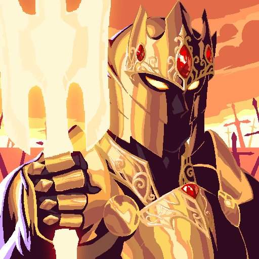 A stylized digital illustration of a golden-armored warrior or king wearing a crown adorned with red gems, holding a sword, with glowing yellow eyes set against a warm orange sky.