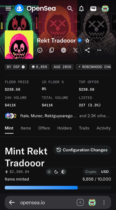 OpenSea mobile page for the "Rekt Tradooor" NFT collection by OSF, showing floor price $238.56, 24H volume $411K, 6,856 of 10,000 minted, on Robinhood Chain.