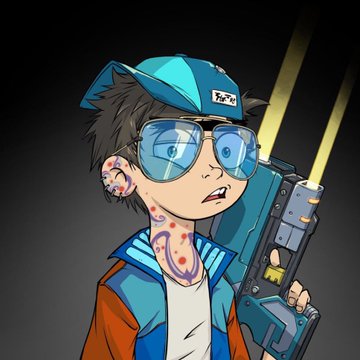 A cartoon character wearing a blue 'Pope' cap, blue sunglasses, and a colorful jacket holds a large futuristic gun, shown against a dark gray background.