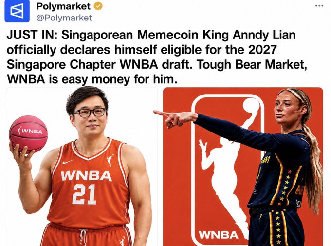 The image is a satirical tweet from @Polymarket showing a photoshopped picture of "Singaporean Memecoin King Anndy Lian" photoshopped into an orange WNBA #21 jersey holding a basketball, alongside a WNBA player pointing at him, with text announcing his mock eligibility for the 2027 Singapore Chapter WNBA draft. The post humorously connects to the caption by joking that winning a WNBA championship is easier than achieving a 1000X in crypto, poking fun at Anndy Lian's bold claim.