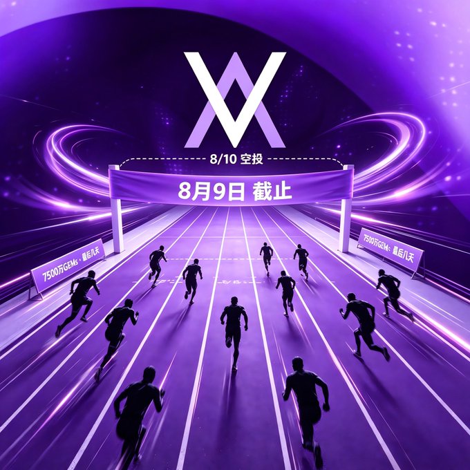 A purple promotional graphic showing silhouettes of runners on a track toward a finish line banner reading '8月9日截止' (August 9 deadline) with '8/10 空投' (airdrop) text and a 'W' logo.