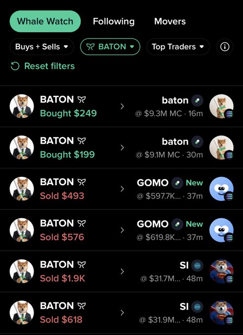 A "Whale Watch" interface displays recent $BATON transactions, showing buys ($249, $199) and sells ($493, $576, $1.9K, $618) alongside traders with various market caps like $9.3M and $597.7K. The image directly illustrates the Moby feature mentioned in the post, tracking BATON whale activity including buys, sells, and rotations into coins like $GOMO.