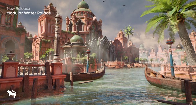 A promotional graphic for a 'New Release: Modular Water Palace' depicts an ornate, multi-domed palace complex with traditional boats on waterways.