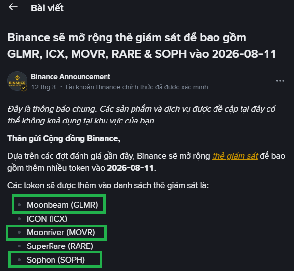 A Binance announcement in Vietnamese stating that Binance will expand its monitoring tags to include GLMR, ICX, MOVR, RARE & SOPH by 2026-08-11, listing Moonbeam (GLMR), ICON (ICX), Moonriver (MOVR), SuperRare (RARE), and Sophon (SOPH).