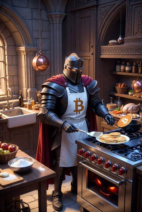 A digital illustration of a medieval knight in full armor wearing a Bitcoin-themed apron, cooking pancakes shaped like Bitcoin on a stove in a stone kitchen with copper pots and various ingredients visible.
