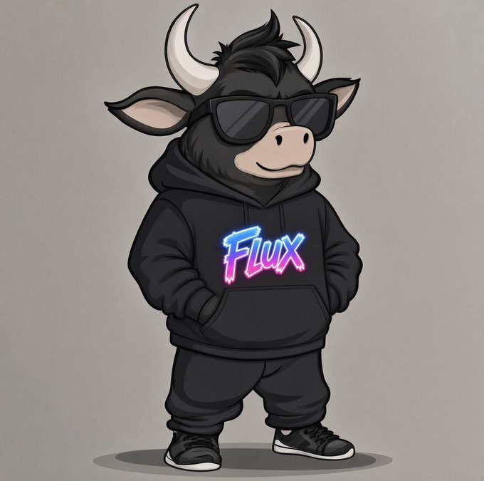 A cartoon illustration of a black cow character wearing sunglasses and a black tracksuit, with the word 'Flux' displayed on the hoodie in glowing pink and blue letters.
