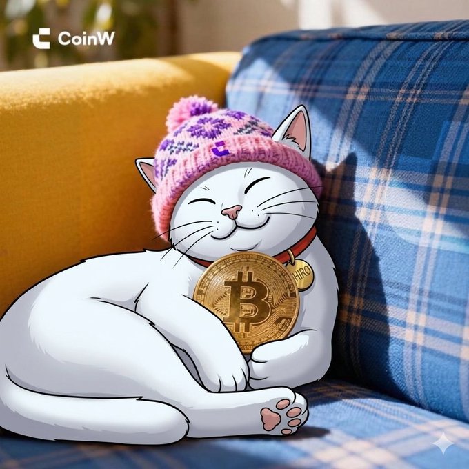 A cartoon illustration of a white cat wearing a pink knit hat and a large Bitcoin coin around its neck, with the 'CoinW' logo visible.