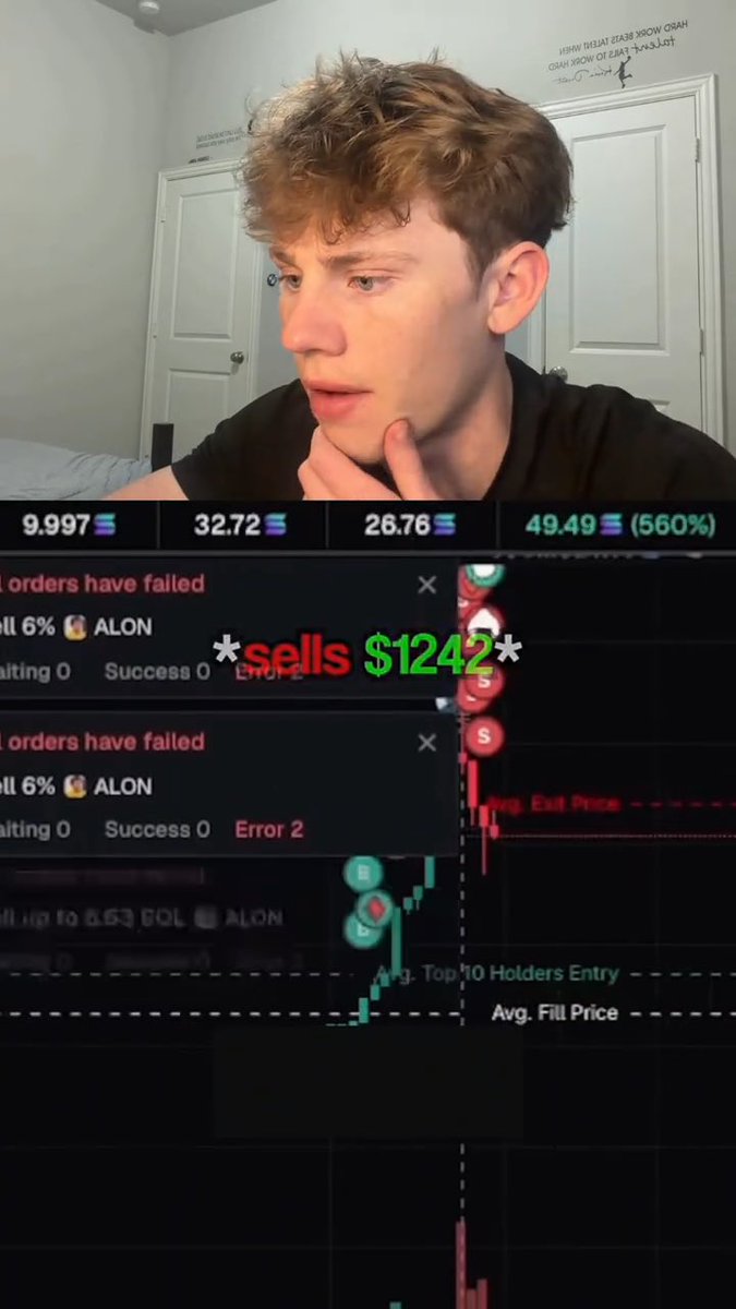 A split image showing a young man with curly hair looking thoughtfully at the camera above a trading chart displaying failed sell orders with text overlay '*sells $1242*' in red and green.