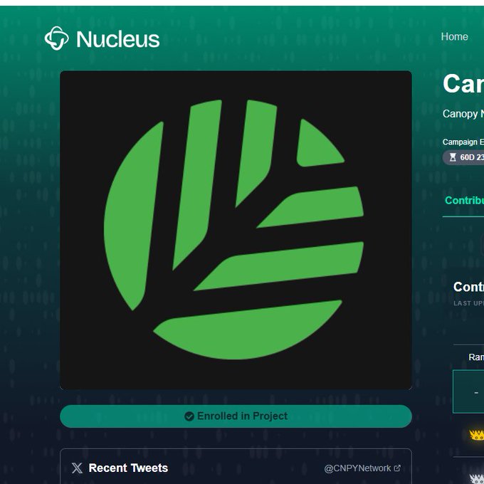 The image shows a screen of a blog website with a prominent post titled "Good Morning, Everyone! Two campaigns have been launched by Nucleus". The main focus of this post is on two projects related to blockchain and ecosystem management - one that encourages users to join an open project in the ecosystem via a "Enrolled in Project" button, and another project that aims to improve the efficiency of Blockchain deployment using a nested chains approach. The background of the image features blue, green, and gray colors, giving it a professional look as if it's on a blog related to technology or business.