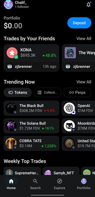A mobile crypto trading app screenshot showing a portfolio of $0.00 for user Chalif_, with sections for "Trades by Your Friends" featuring KONA ($695.3K, +48.8%) and zjbrenner, "Trending Now" with tokens like The Black Bull, OpenAI, The Solana Bull, Moonbirds, COBRA TATE, and United States, plus a "Weekly Top Trades" section and bottom navigation for Home, Search, Explore, and Portfolio.