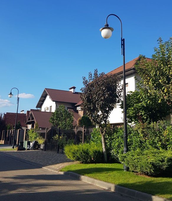 A sunny suburban street scene featuring a classic black lamppost, residential houses with red roofs, and well-maintained greenery under a clear blue sky.