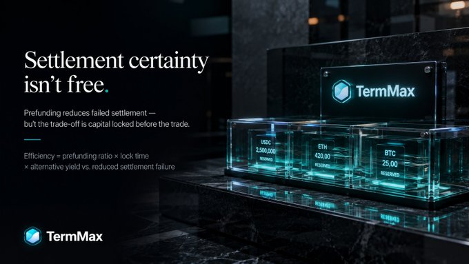 A sleek, dark promotional graphic for TermMax featuring the headline "Settlement certainty isn't free" alongside a transparent display case showing reserved positions for MSIL (2,500,000), ETH (420.00), and BTC (25.00), visually reinforcing the post's message about the capital trade-off required for prefunding to reduce failed settlements.