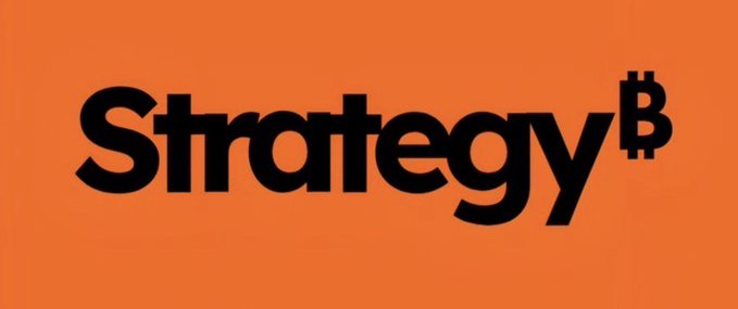 The image displays the word "Strategy" in bold black text on an orange background, with a Bitcoin symbol (₿) replacing the dot of the "i," referencing MicroStrategy's rebrand to "Strategy" and its prominent Bitcoin holdings. The post discusses Strategy's (ticker $MSTR) recent earnings call, a buyback of $STRC, and July's ~7% gain under its Bitcoin-focused treasury strategy.