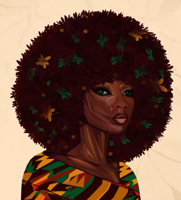 A digital illustration of a Black woman with a voluminous afro decorated with small yellow and green flowers, wearing a colorful garment with geometric patterns in green, yellow, red, and black.
